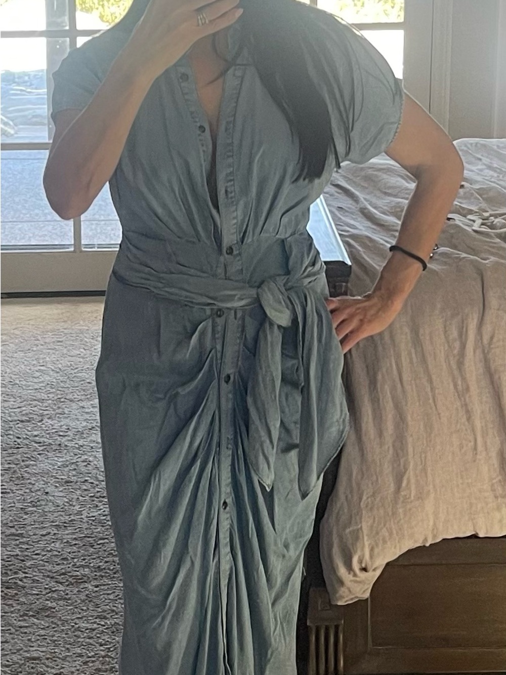 Light Blue Button-Front Tie-Waist Maxi Dress
